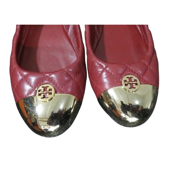 Tory Burch Kaitlin Sangria Red Quilted Leather Ballet Flats Gold Cap Toes size 9 - Picture 4 of 10